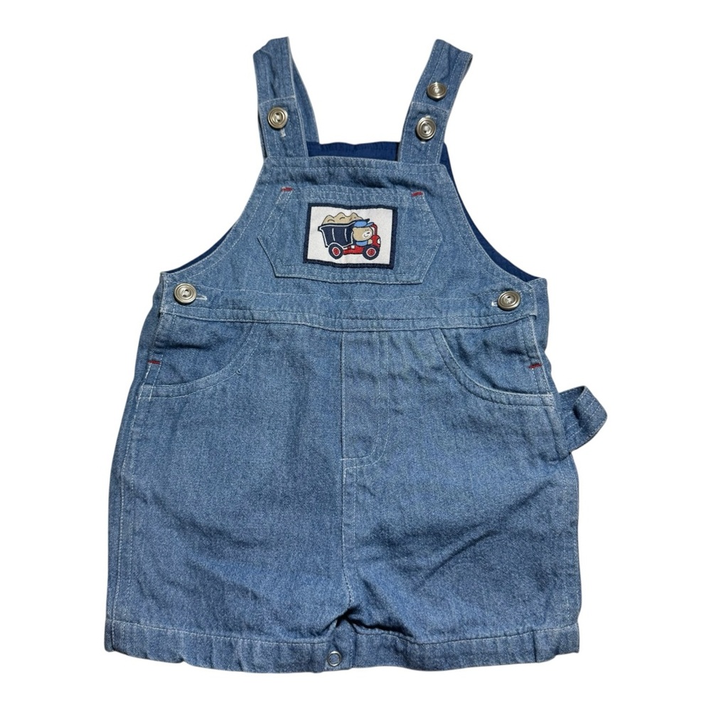 Vintage Y2K Boys Denim Short Overalls Size 12m Dump Truck Appliqué Pockets Cargo